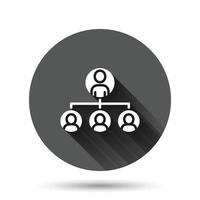 organigrama corporativo con icono de vector de gente de negocios en estilo plano. ilustración de cooperación de personas sobre fondo redondo negro con efecto de sombra larga. concepto de negocio de botón de círculo de trabajo en equipo.