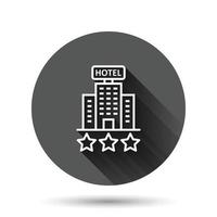 icono de signo de hotel 3 estrellas en estilo plano. posada edificio ilustración vectorial sobre fondo negro redondo con efecto de sombra larga. concepto de negocio de botón de círculo de habitación de albergue. vector