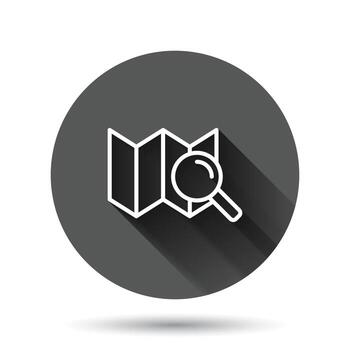 Search location icon in flat style. gps navigation vector illustration on black round background with long shadow effect. Locate position circle button business concept.