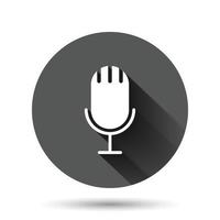 Microphone icon in flat style. Studio mike vector illustration on black round background with long shadow effect. Audio record circle button business concept.