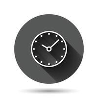 icono de reloj en estilo plano. ver ilustración vectorial sobre fondo redondo negro con efecto de sombra larga. concepto de negocio de botón de círculo de temporizador. vector