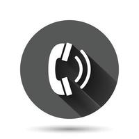 Mobile phone icon in flat style. Telephone talk vector illustration on black round background with long shadow effect. Hotline contact circle button business concept.