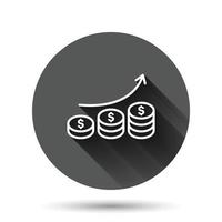 Income rate increase icon in flat style. Finance performance vector illustration on black round background with long shadow effect. Coin with growth arrow circle button business concept.