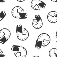 Coffee break icon in flat style. Clock with tea cup vector illustration on white isolated background. Breakfast time seamless pattern business concept.