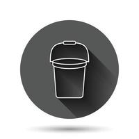 Bucket icon in flat style. Garbage pot vector illustration on black round background with long shadow effect. Pail circle button business concept.