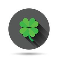 Four leaf clover icon in flat style. St Patricks Day vector illustration on black round background with long shadow effect. Flower shape circle button business concept.