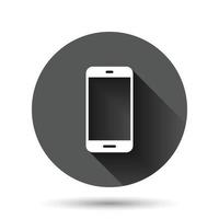 Smartphone blank screen icon in flat style. Mobile phone vector illustration on black round background with long shadow effect. Telephone circle button business concept.