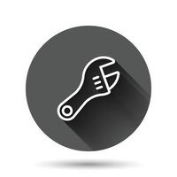 Wrench icon in flat style. Spanner key vector illustration on black round background with long shadow effect. Repair equipment circle button business concept.