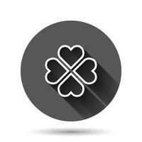 Four leaf clover icon in flat style. St Patricks Day vector illustration on black round background with long shadow effect. Flower shape circle button business concept.