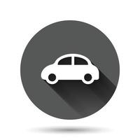 icono de coche en estilo plano. ilustración de vector de vehículo de automóvil sobre fondo redondo negro con efecto de sombra larga. concepto de negocio de botón de círculo de sedán.