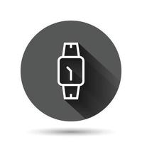 icono de reloj de pulsera en estilo plano. ilustración de vector de reloj de mano sobre fondo redondo negro con efecto de sombra larga. concepto de negocio de botón de círculo de pulsera de tiempo.