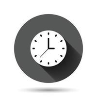 Clock icon in flat style. Watch vector illustration on black round background with long shadow effect. Timer circle button business concept.