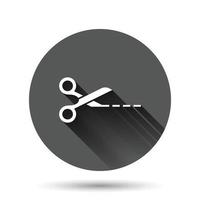Scissor with cutting line icon in flat style. Cut equipment vector illustration on black round background with long shadow effect. Cutter circle button business concept.