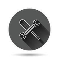 Wrench icon in flat style. Spanner key vector illustration on black round background with long shadow effect. Repair equipment circle button business concept.