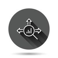 icono de tendencia del mercado en estilo plano. flecha de crecimiento con ilustración de vector de lupa sobre fondo redondo negro con efecto de sombra larga. aumentar el concepto de negocio del botón circular.