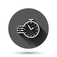 Clock icon in flat style. Watch vector illustration on black round background with long shadow effect. Timer circle button business concept.