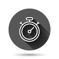 Clock icon in flat style. Watch vector illustration on black round background with long shadow effect. Timer circle button business concept.