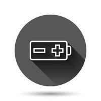 Battery charge icon in flat style. Power level vector illustration on black round background with long shadow effect. Lithium accumulator circle button business concept.