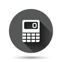 Calculator icon in flat style. Calculate vector illustration on black round background with long shadow effect. Calculation circle button business concept.