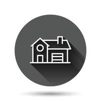 Building icon in flat style. Home vector illustration on black round background with long shadow effect. House circle button business concept.