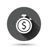 Time is money icon in flat style. Clock with dollar vector illustration on black round background with long shadow effect. Currency circle button business concept.