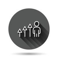 People with growth arrow icon in flat style. Work strategy vector illustration on black round background with long shadow effect. Office training circle button business concept.