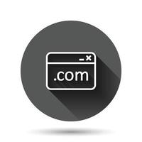 Website domain icon in flat style. Com internet address vector illustration on black round background with long shadow effect. Server circle button business concept.