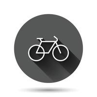 icono de bicicleta en estilo plano. ilustración de vector de bicicleta sobre fondo redondo negro con efecto de sombra larga. Concepto de negocio de botón de círculo de viaje en bicicleta.