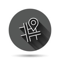 Map pin icon in flat style. gps navigation vector illustration on black round background with long shadow effect. Locate position circle button business concept.