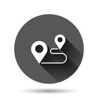 Map pin icon in flat style. GPS navigation vector illustration on black round background with long shadow effect. Locate position circle button business concept.