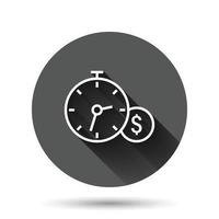 Time is money icon in flat style. Clock with dollar vector illustration on black round background with long shadow effect. Currency circle button business concept.