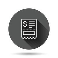 Money check icon in flat style. Checkbook vector illustration on black round background with long shadow effect. Finance voucher circle button business concept.