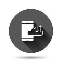 Smartphone with cloud icon in flat style. Phone network storage vector illustration on black round background with long shadow effect. Online backup circle button business concept.