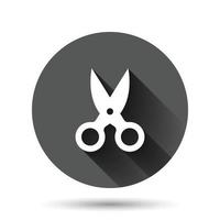 Scissor icon in flat style. Cut equipment vector illustration on black round background with long shadow effect. Cutter circle button business concept.