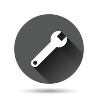 Wrench icon in flat style. Spanner key vector illustration on black round background with long shadow effect. Repair equipment circle button business concept.