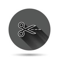 Scissor icon in flat style. Cut equipment vector illustration on black round background with long shadow effect. Cutter circle button business concept.