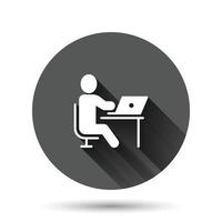 People with laptop computer icon in flat style. Pc user vector illustration on black round background with long shadow effect. Office manager circle button business concept.