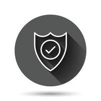 Shield with check mark icon in flat style. Protect vector illustration on black round background with long shadow effect. Checkmark guard circle button business concept.