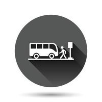 Bus station icon in flat style. Auto stop vector illustration on black round background with long shadow effect. Autobus vehicle circle button business concept.