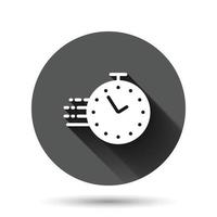 Clock icon in flat style. Watch vector illustration on black round background with long shadow effect. Timer circle button business concept.