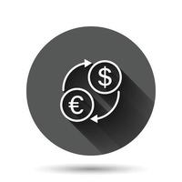 Currency exchange icon in flat style. Dollar euro transfer vector illustration on black round background with long shadow effect. Financial process circle button business concept.