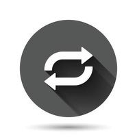 Arrow rotation icon in flat style. Sync action vector illustration on black round background with long shadow effect. Refresh button circle business concept.