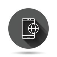 Globe smartphone icon in flat style. Mobile phone location vector illustration on black round background with long shadow effect. Destination circle button business concept.