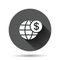 icono de negocio global en estilo plano. ilustración de vector de transacción de dinero sobre fondo redondo negro con efecto de sombra larga. concepto de negocio de botón de círculo de seguridad de billete de banco.