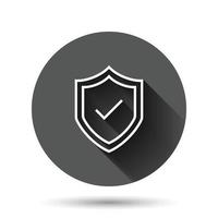 Shield with check mark icon in flat style. Protect vector illustration on black round background with long shadow effect. Checkmark guard circle button business concept.