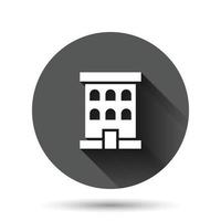 Building icon in flat style. Town skyscraper apartment vector illustration on black round background with long shadow effect. City tower circle button business concept.