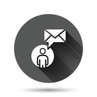 People with envelope icon in flat style. Email receive vector illustration on black round background with long shadow effect. Message circle button business concept.