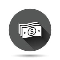 Money stack icon in flat style. Exchange cash vector illustration on black round background with long shadow effect. Dollar banknote bill circle button business concept.