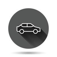 icono de coche en estilo plano. ilustración de vector de vehículo de automóvil sobre fondo redondo negro con efecto de sombra larga. concepto de negocio de botón de círculo de sedán.