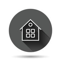 Building icon in flat style. Home vector illustration on black round background with long shadow effect. House circle button business concept.